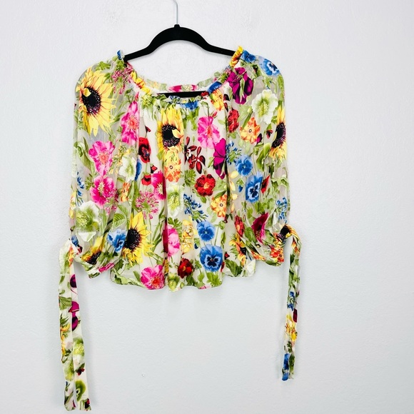 ALICE + OLIVIA Sunday Stroll Floral Off Shoulder Velvet Silk Blouse - Picture 6 of 12
